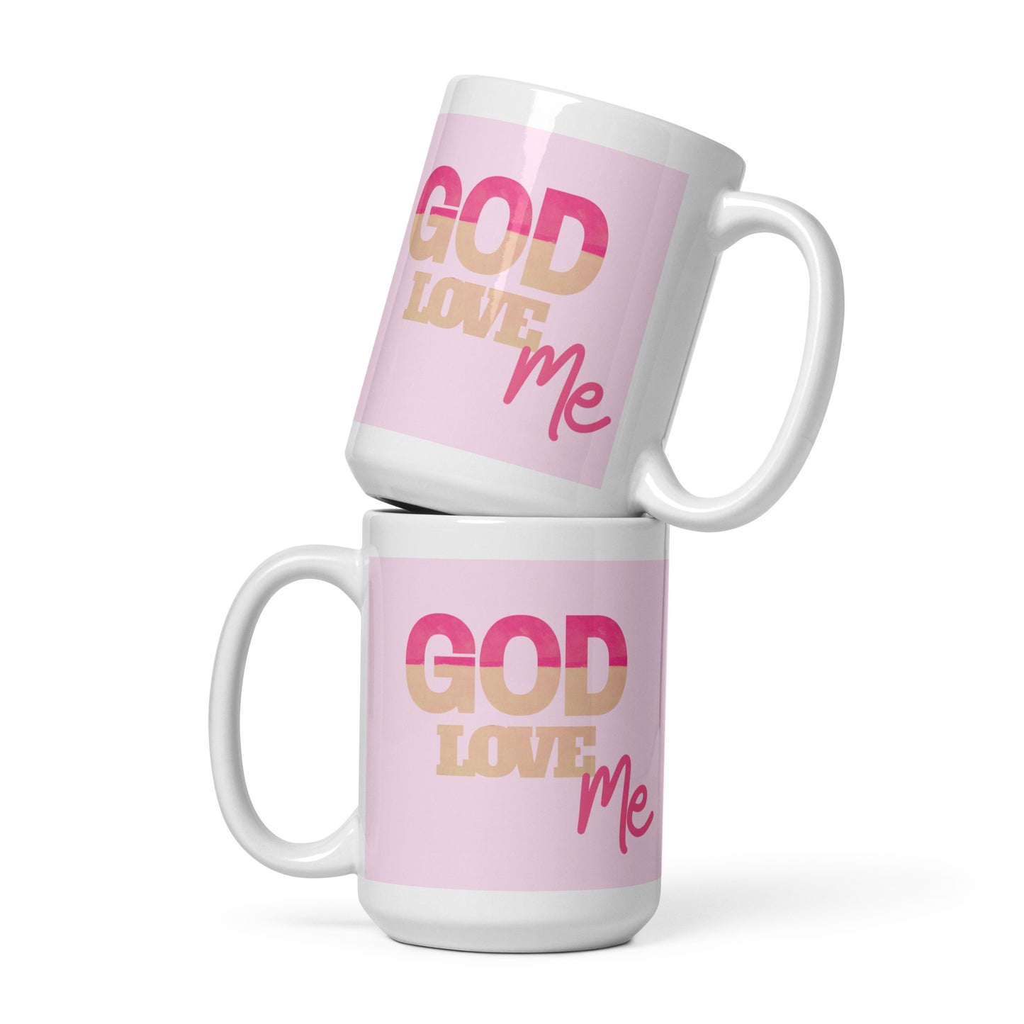 Two white mugs with pink and yellow text on a white background