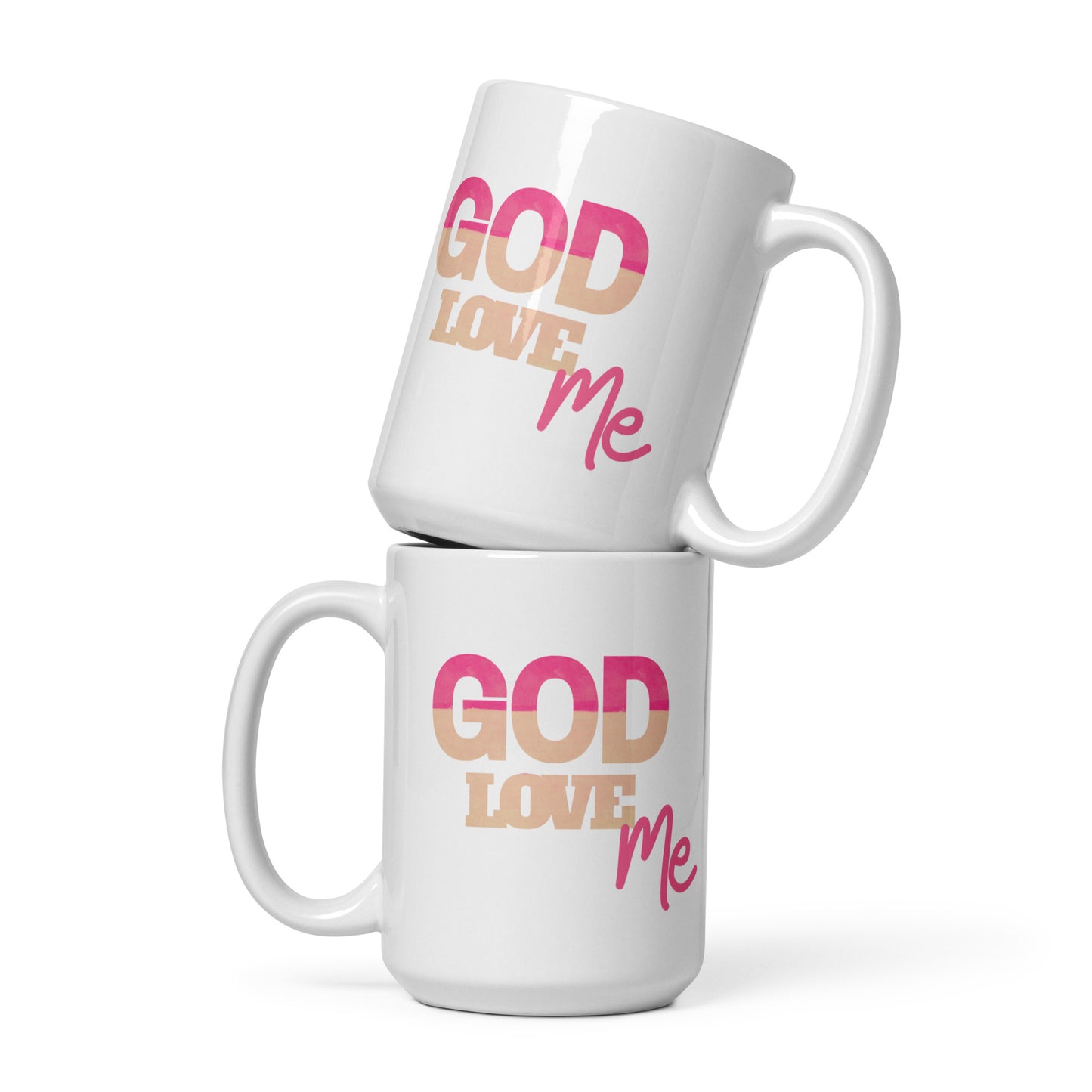 Two white mugs with 'God Love Me' text in pink and orange on a white background