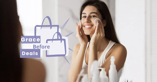 Woman applying cream to her face with 'Grace Before Deals' logo in the corner, happy for the Inbella Beauty insights