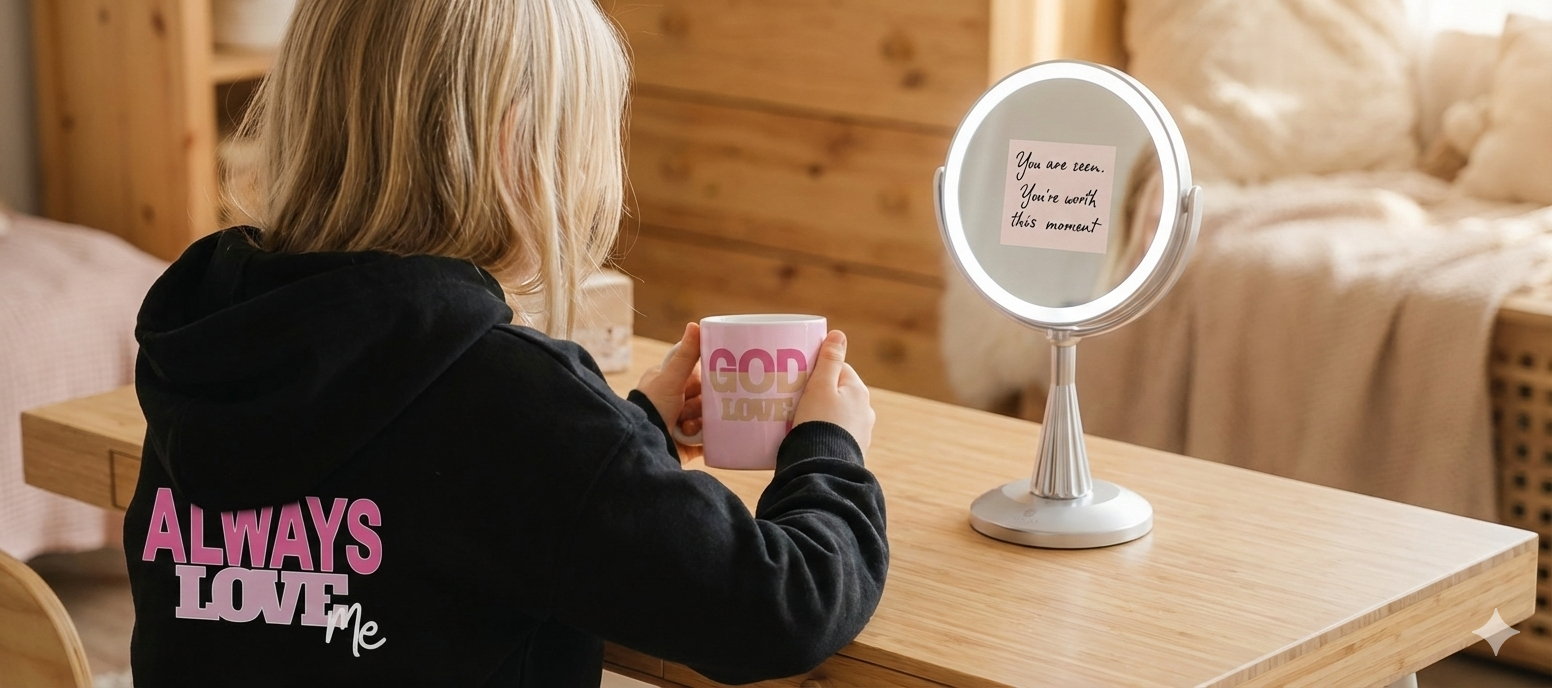 Person wearing a black hoodie with 'Always Love Me' text, holding a pink mug, looking into a round mirror.