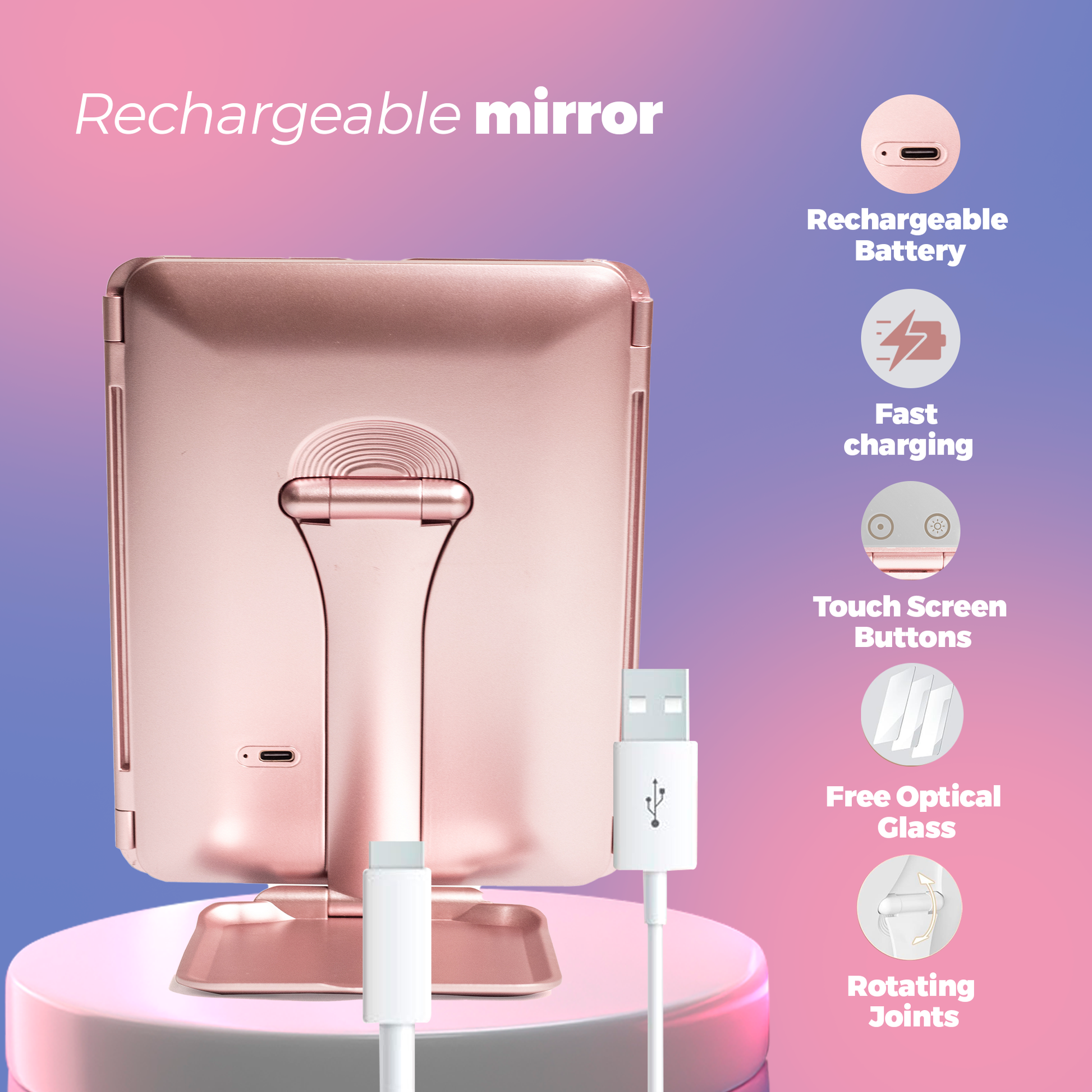 Portable Vanity Mirror with Touch Control and Dimmable LED Lights (Rechargeable Battery) - InBella Beauty