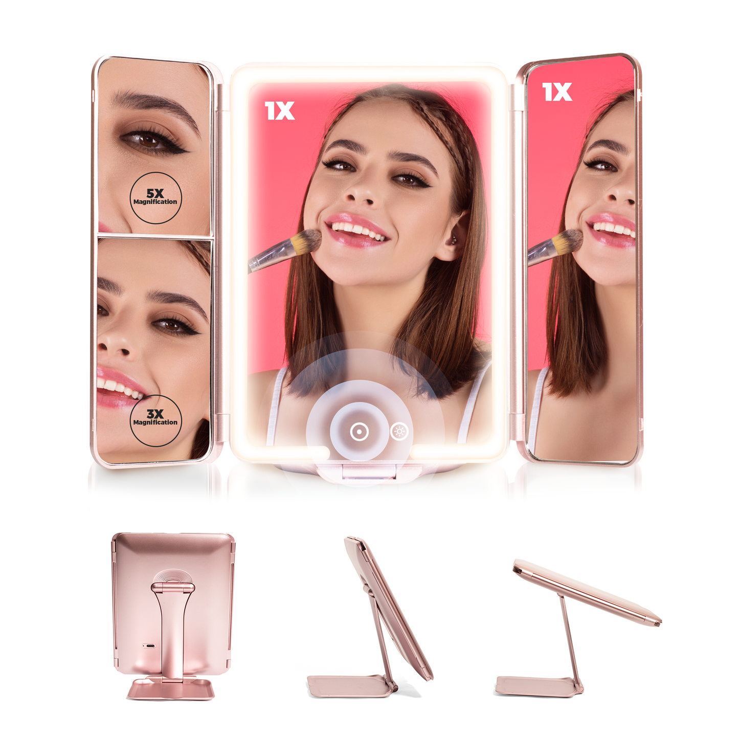 Portable Vanity Mirror with Touch Control and Dimmable LED Lights (Rechargeable Battery) - InBella Beauty