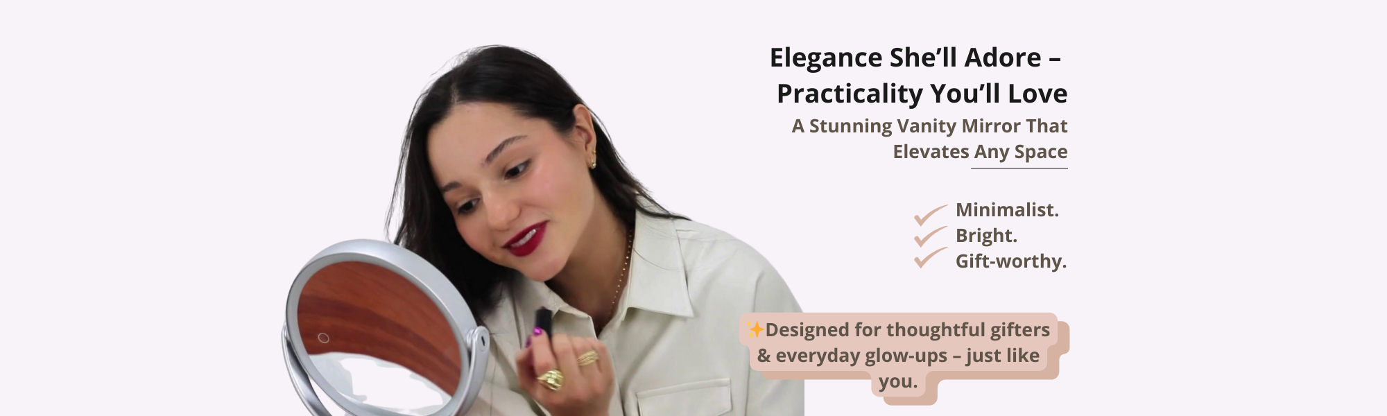 Woman using a Lily vanity mirror by InBella Beauty with text describing its features on a white background