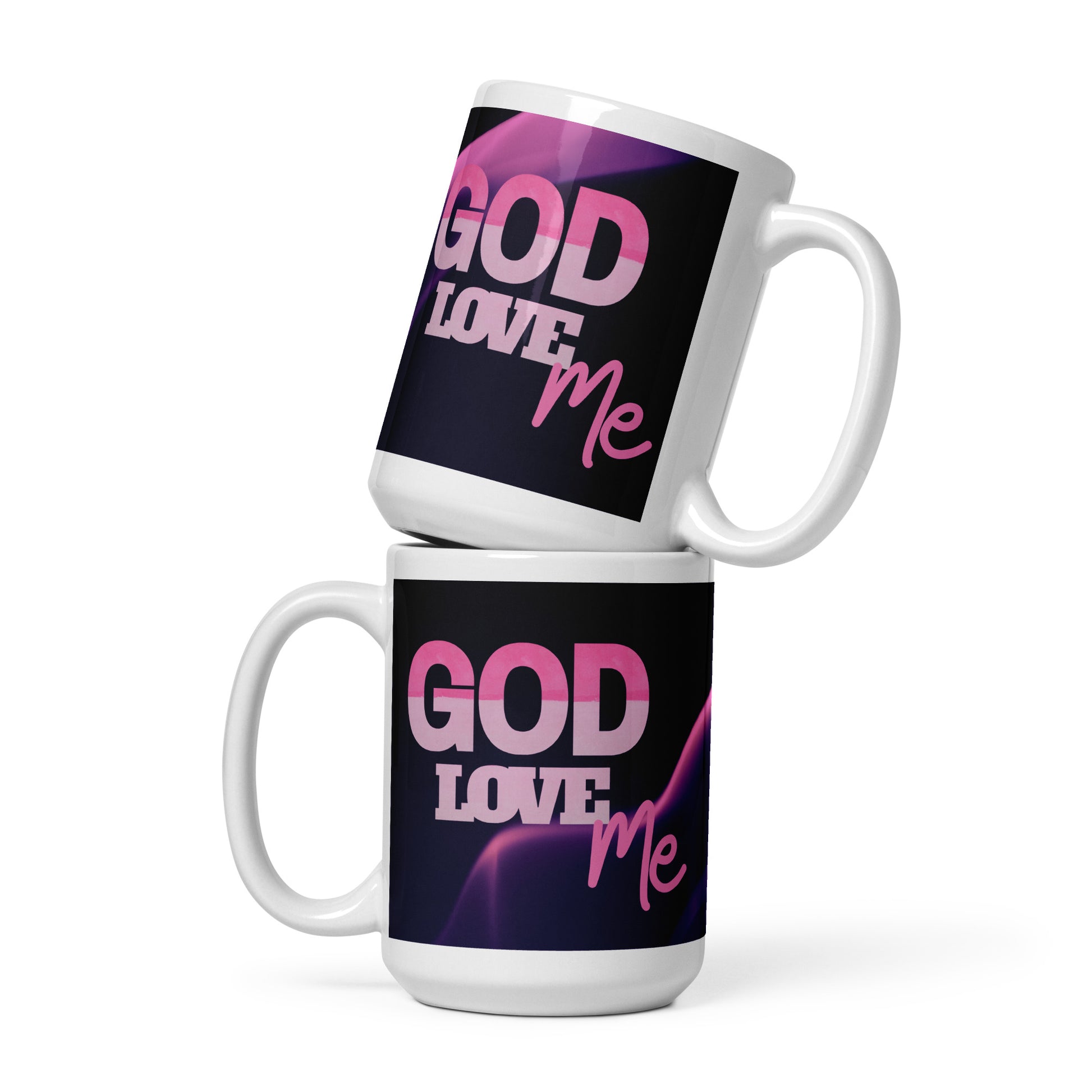 Two mugs with 'God Love Me' text on a white background