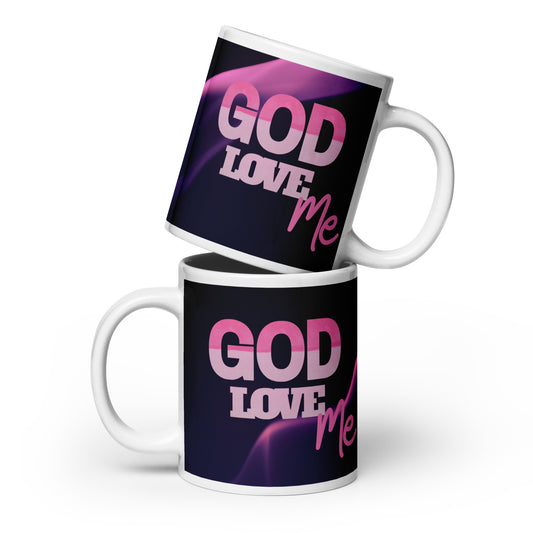 Two mugs with 'GOD LOVE me' text on a white background