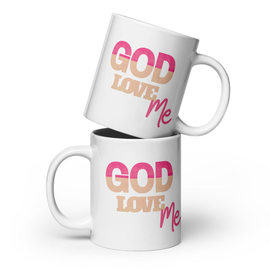 Two white mugs with 'GOD LOVE ME' text in pink and orange on a white background