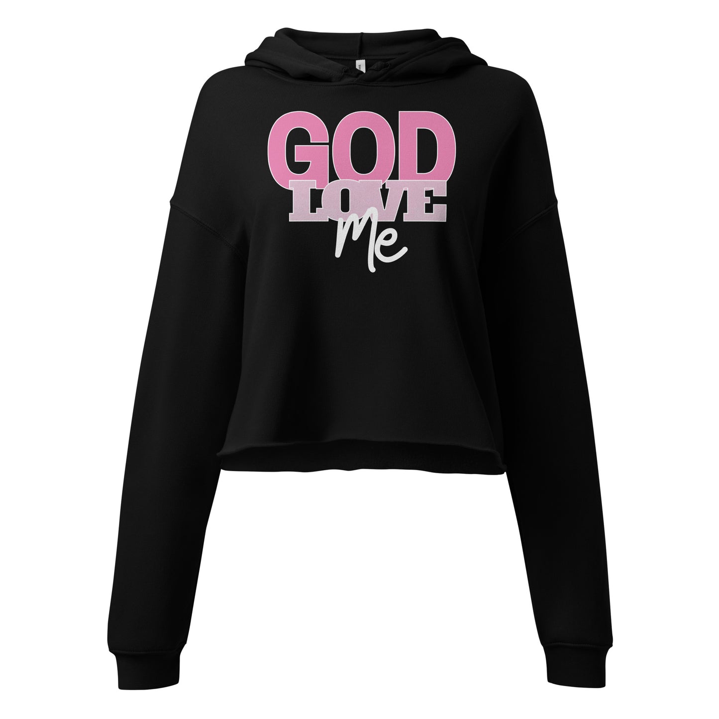 Black hoodie with 'God Love Me' text in pink and white on a white background