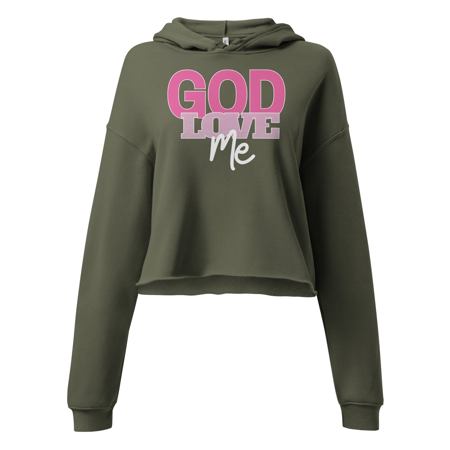 Green hoodie with 'God Love Me' text in pink and white on a white background