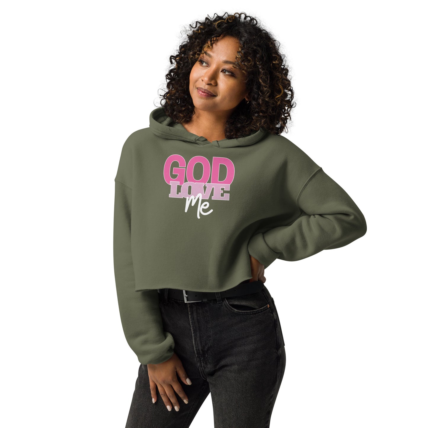 Woman wearing a green hoodie with 'GOD LOVE ME' text on a white background