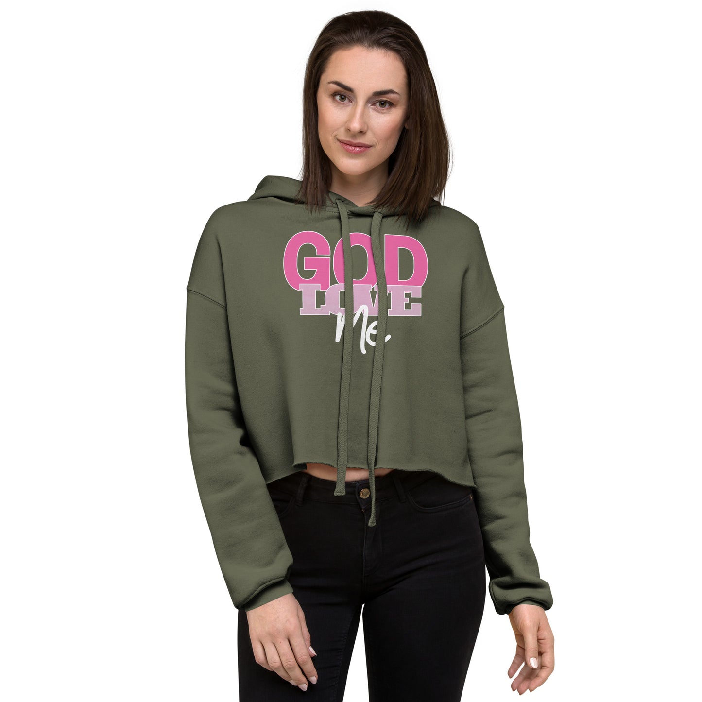 Woman wearing a green hoodie with 'God Loves Me' text on a white background
