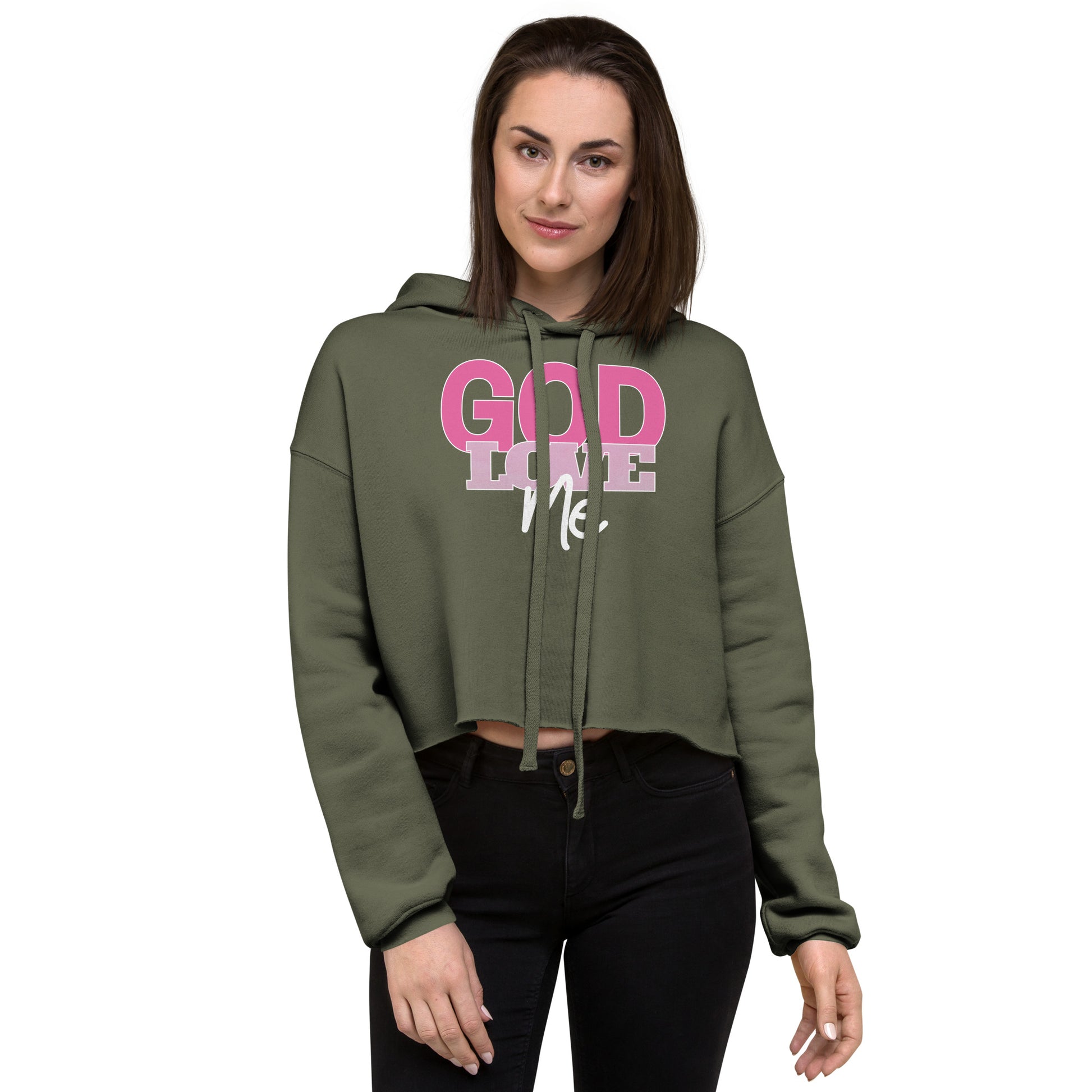 Woman wearing a green hoodie with 'God Loves Me' text on a white background