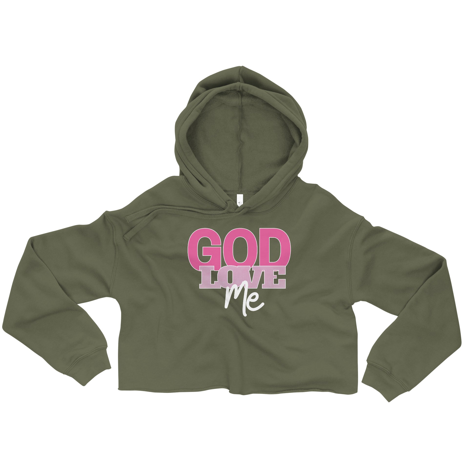 Green hoodie with 'God Love Me' text in pink and white on a white background