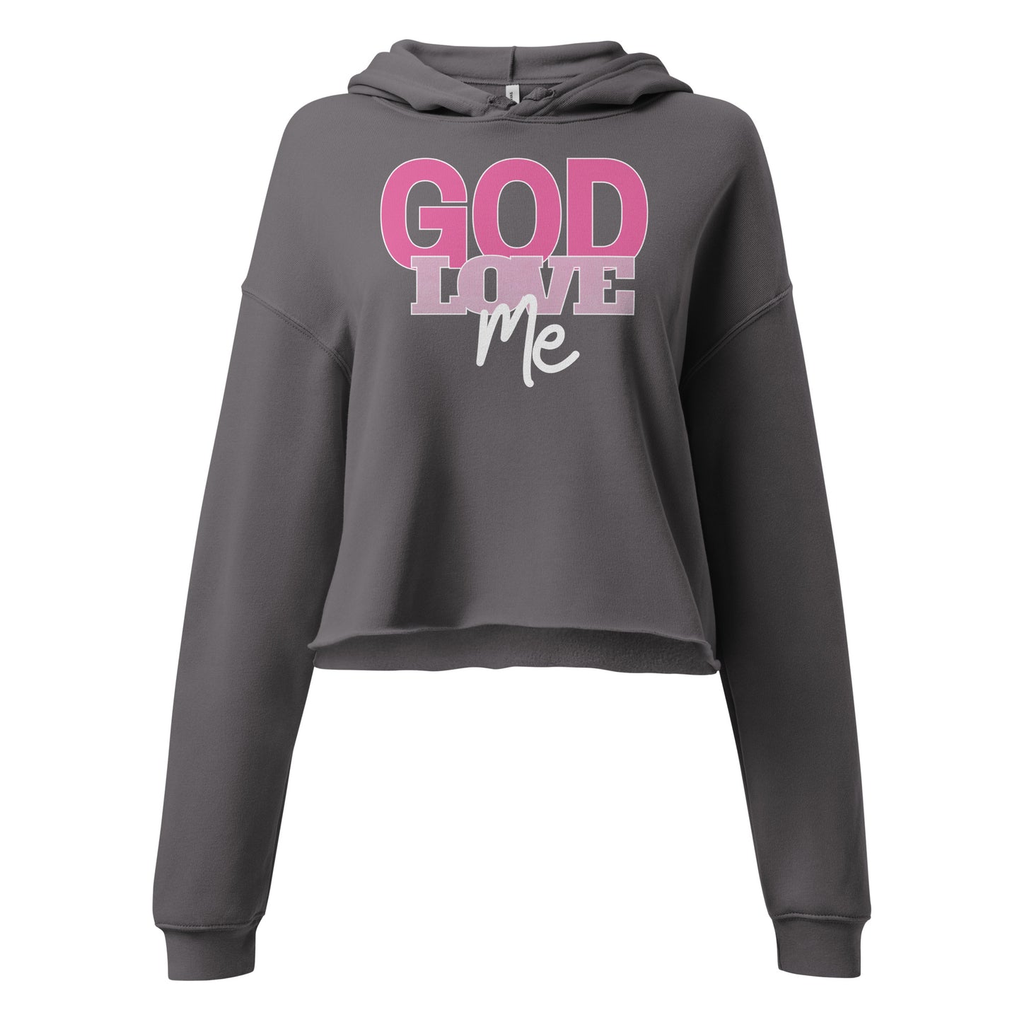Gray hoodie with 'God Love Me' text in pink and white on a white background
