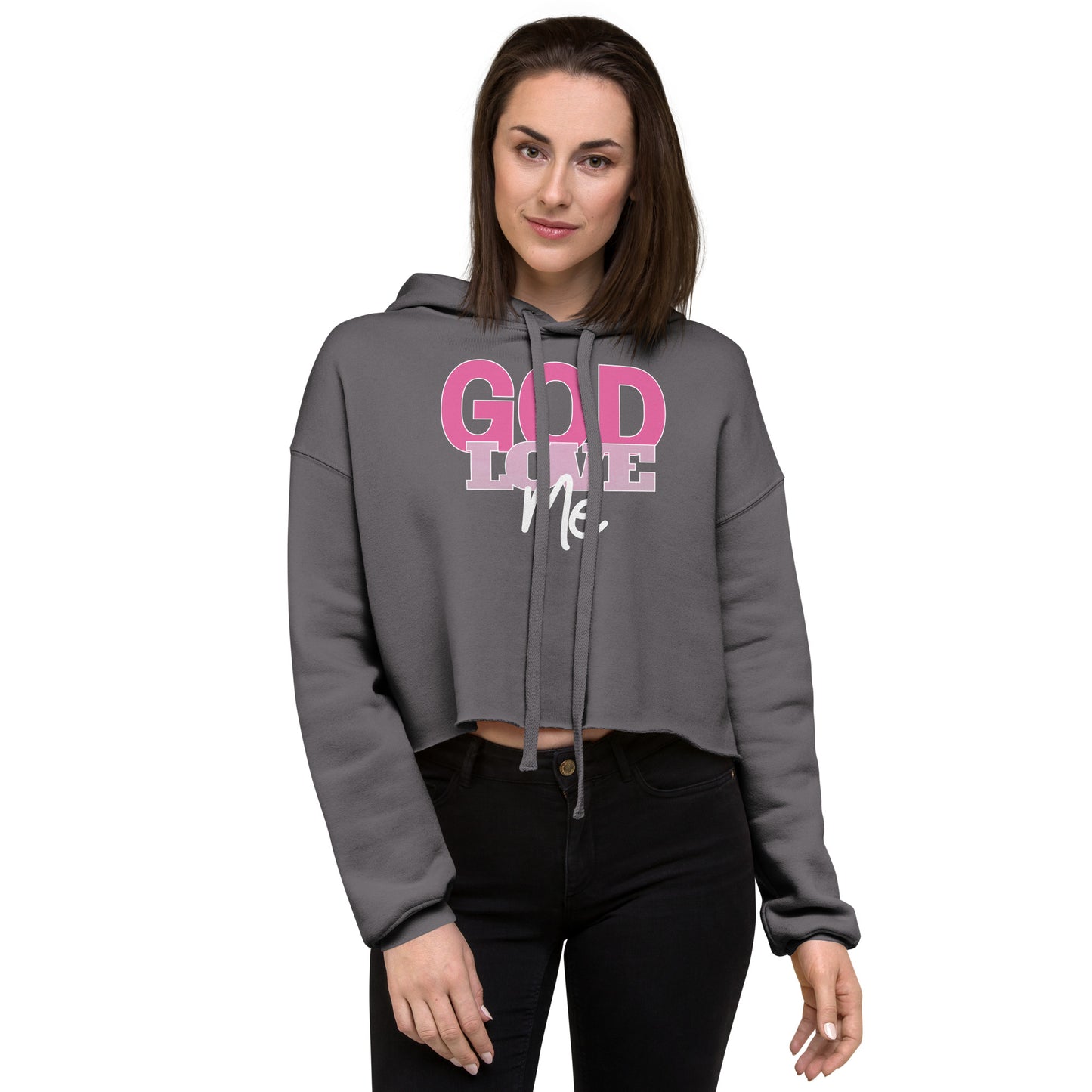 Woman wearing a gray hoodie with 'God Loves Me' text on a white background