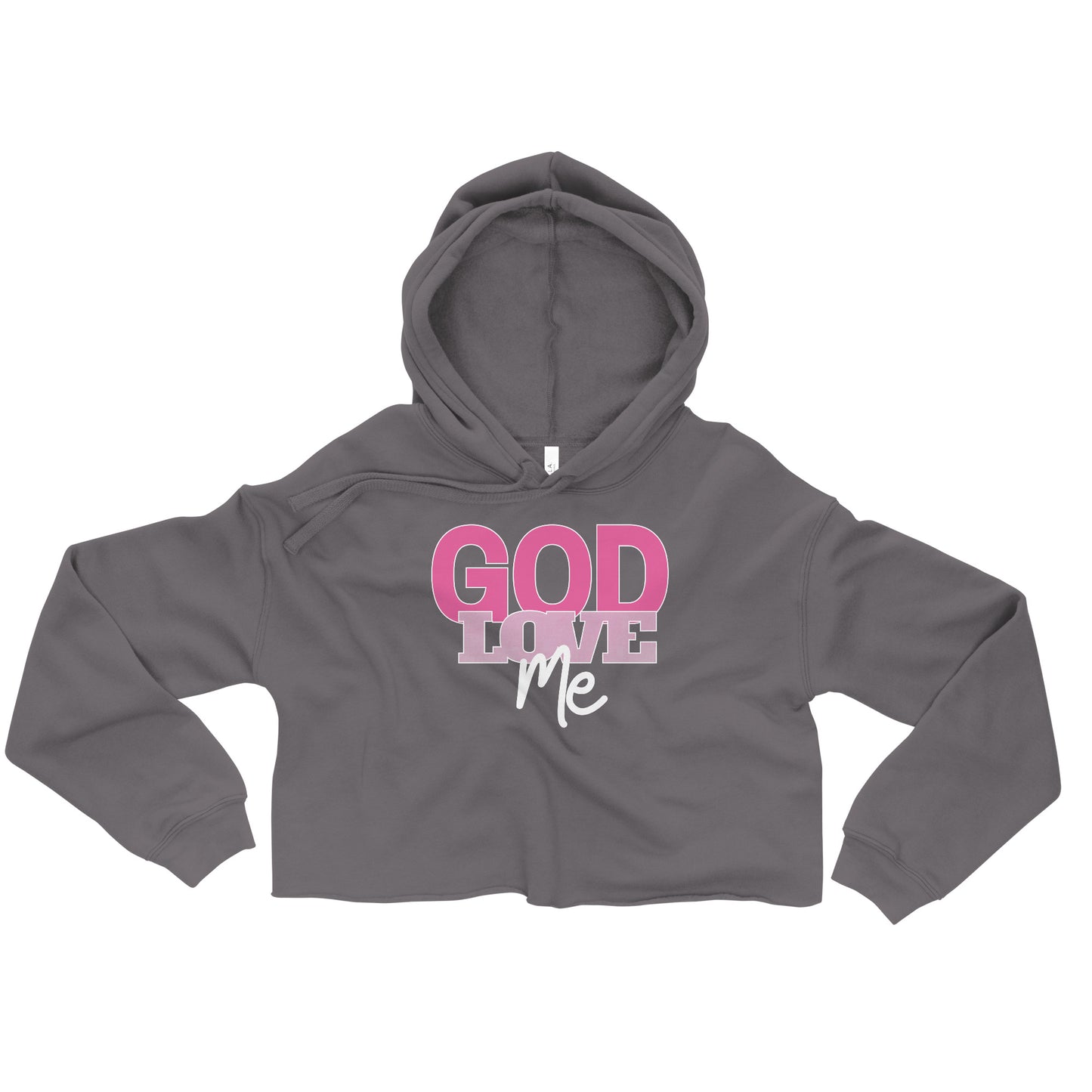 Gray cropped hoodie with 'GOD LOVE ME' text in pink and white on a white background